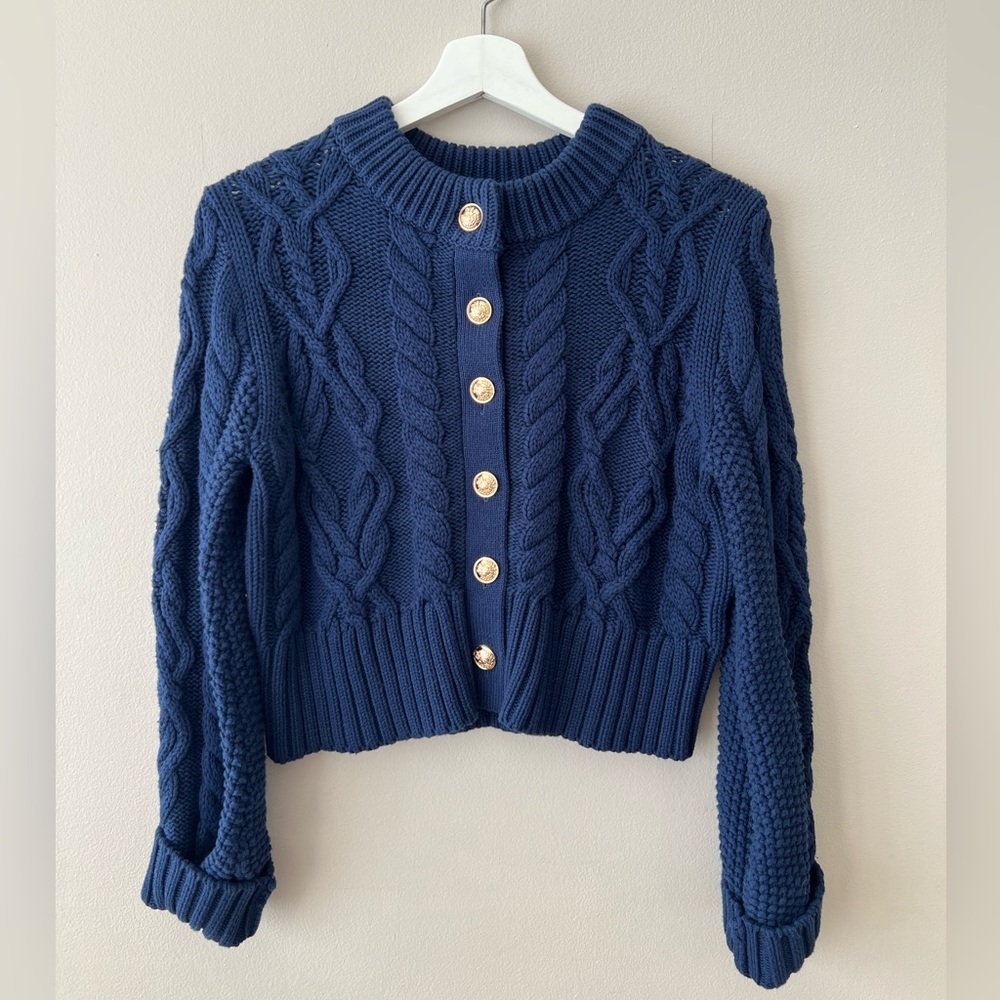Navy Cable Knit Sweater with Gold Buttons